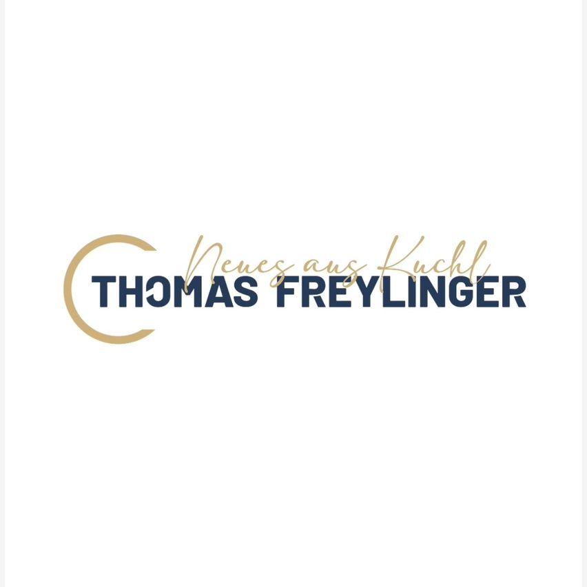 The logo for Thomas Freylinger. The name is written in blue font with a golden circle around it. The text reads, 'News from the Kitchen.' The word 'Thomas' is written in gold.