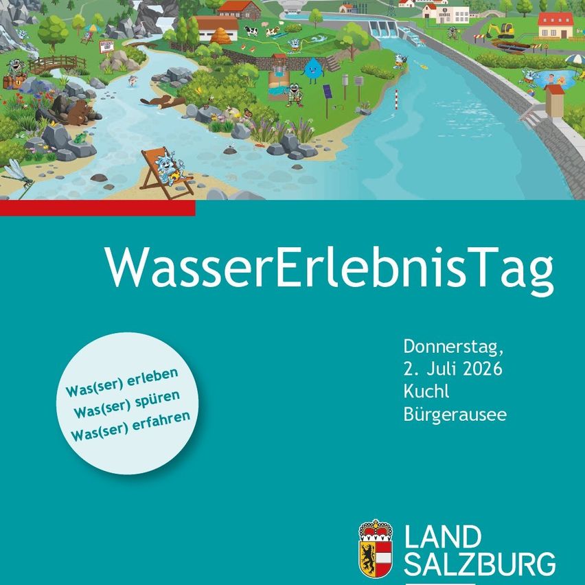 Poster for Water Experience Day in Kuchl, Salzburg, featuring a cartoon river with houses, animals, and a bridge. Scheduled for July 2, 2026, at Kuchl Bürgerausee.
