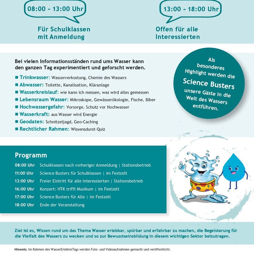 The poster provides information about a water event. It includes two time slots, activities for school classes and open sessions, and various water-related topics. Science Busters highlight these topics. The schedule features school classes, Science Busters, free entry, a concert, and the event's conclusion. Photos and videos from the Water Experience Day are shared.