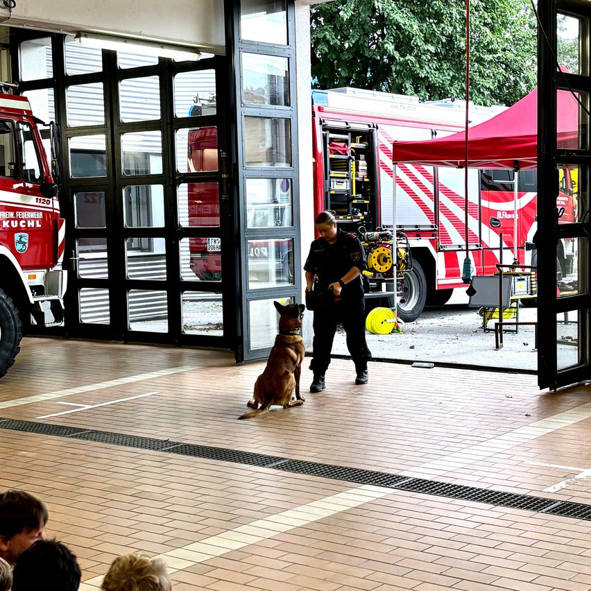 A firefighter stands with a dog inside a fire station, near open doors, with people watching. Fire trucks are parked outside.