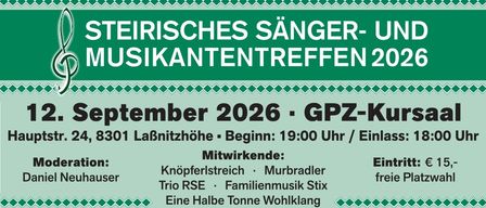 Poster for the Styrian Singer and Musician Meeting 2026, scheduled for September 2026 at GPZ-Kur, 8301 LaBnitzhoehe. The event starts at 19:00 and includes performances by various artists. Admission is free.