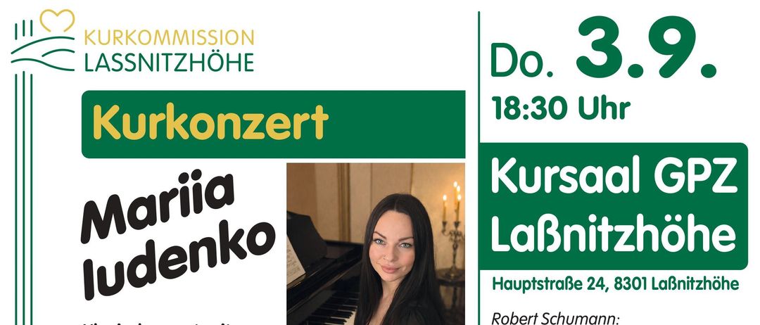 Ein Plakat für ein klassisches Musikkonzert mit einer Frau am Klavier. Der Text auf dem Plakat lautet 'Kursinia Lenko' und 'Robert Schumann mit Fantasie in C-Dur'. Das Konzert ist für Donnerstag um 18:30 Uhr geplant.