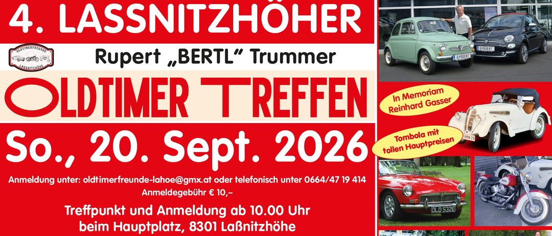 Plakat für ein Autobegeistertentreffen im September 2026, mit einem roten Auto und einer Frau in einem roten Hut. Die Veranstaltung ist zum Gedenken an Reinhard G. Tombola.