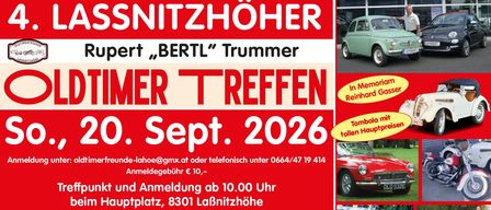 Plakat für ein Autobegeistertentreffen im September 2026, mit einem roten Auto und einer Frau in einem roten Hut. Die Veranstaltung ist zum Gedenken an Reinhard G. Tombola.