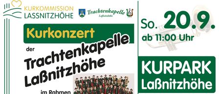 Plakat für ein Konzert der Trachtenkapell Lafnitzhöhe mit einem Gruppenfoto von Musikern in traditioneller Kleidung mit Instrumenten. Die Veranstaltung ist für Samstag um 11:00 Uhr geplant.
