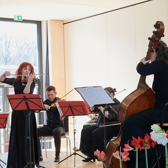 Ein Streichquartett spielt in einem Raum mit weißen Wänden, einer Glastür und einem großen Fenster. Zwei Frauen spielen Geige, ein Mann spielt Bratsche und eine Frau spielt Cello. Blumen schmücken den Vordergrund.