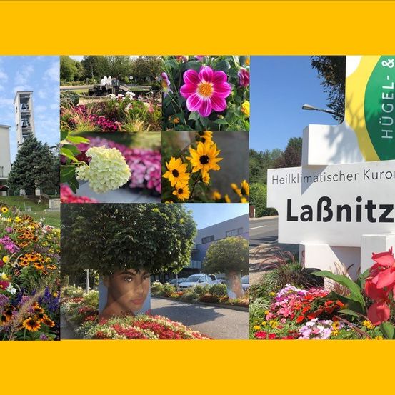 Eine Collage aus leuchtenden Blumen, einem Gebäude und einem Schild für ein Gesundheitsbad in Labnitz. Bäume und Autos sind ebenfalls zu sehen.