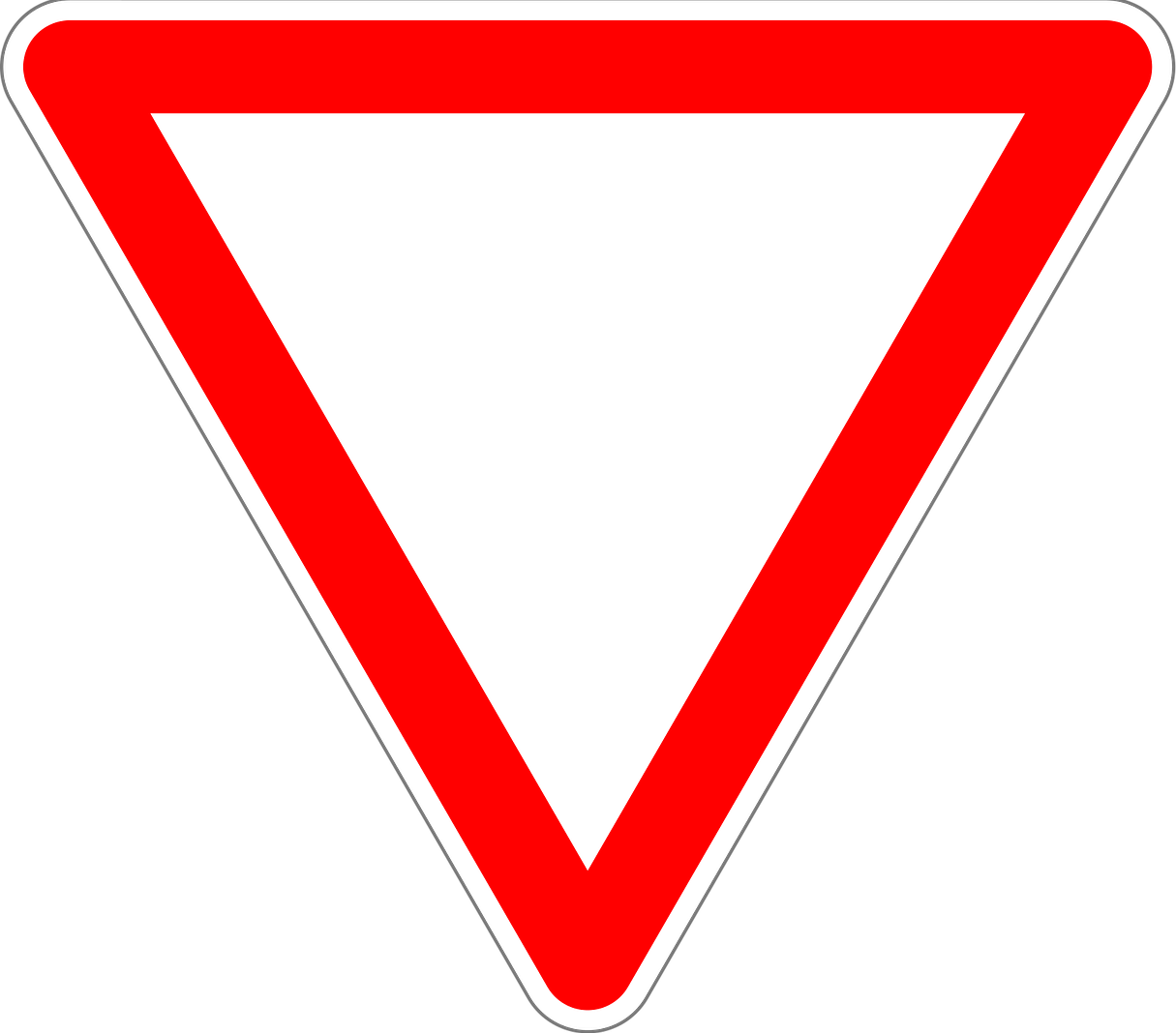 Ein roter Dreieck mit weißem Hintergrund auf einem schwarzen Rand. Es ist ein Vorfahrtsschild.