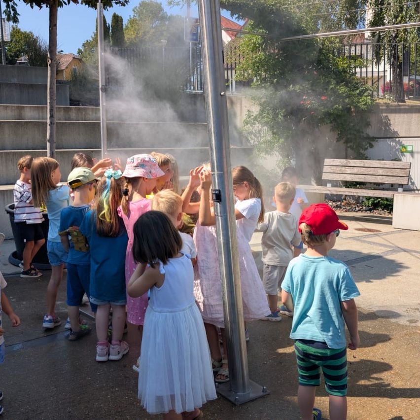 Eine Gruppe von Kindern steht unter einer Nebelstation, einige schauen nach oben, während andere nach unten schauen.