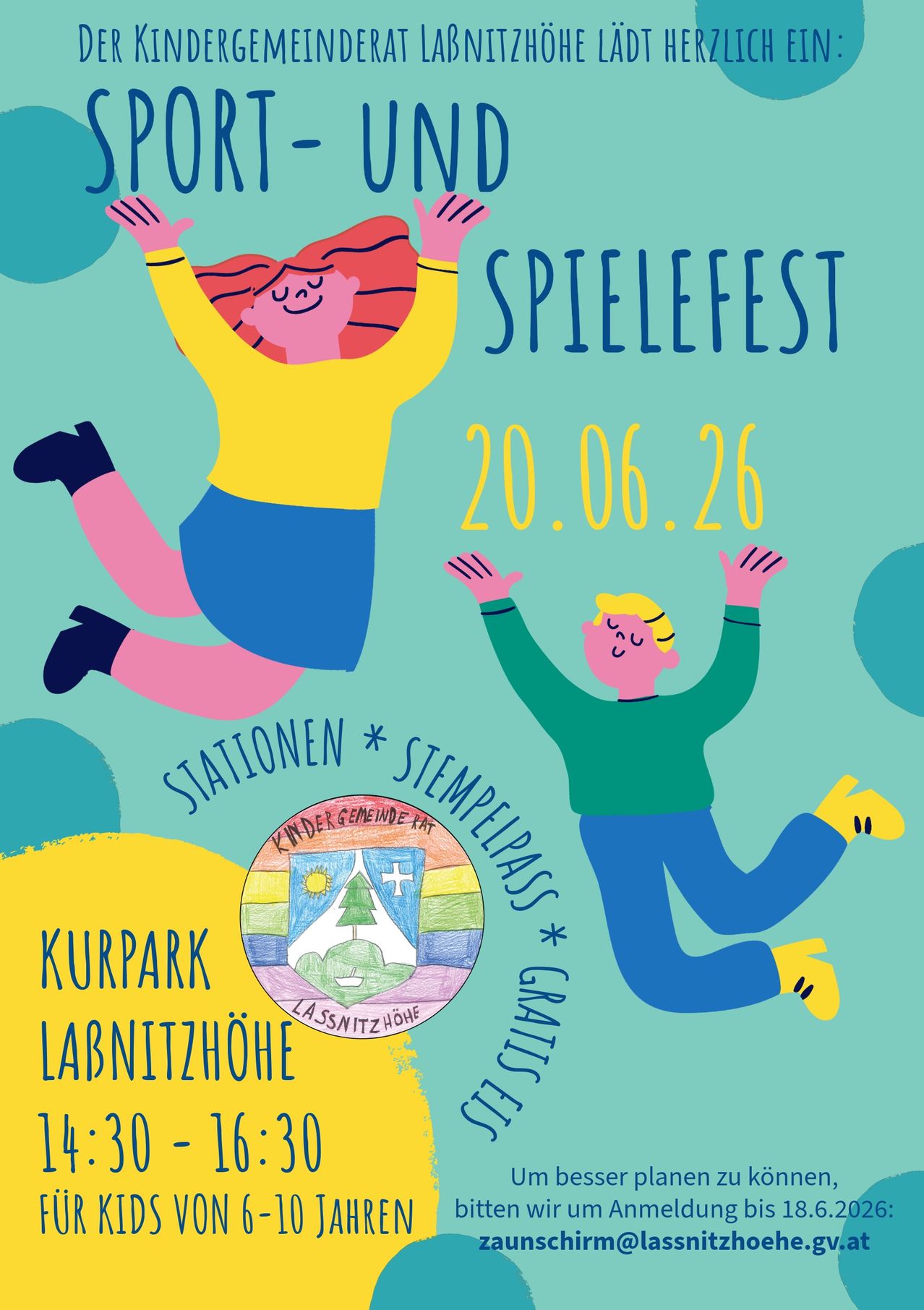 Plakat für Spielfest am 20.06.26 im Kurpark Labnitzhöhe. Zeigt zwei springende Kinder mit erhobenen Armen. Beinhaltet das Wappen der Gemeinde und erwähnt 'Stationen' und 'Stempelerpass'.