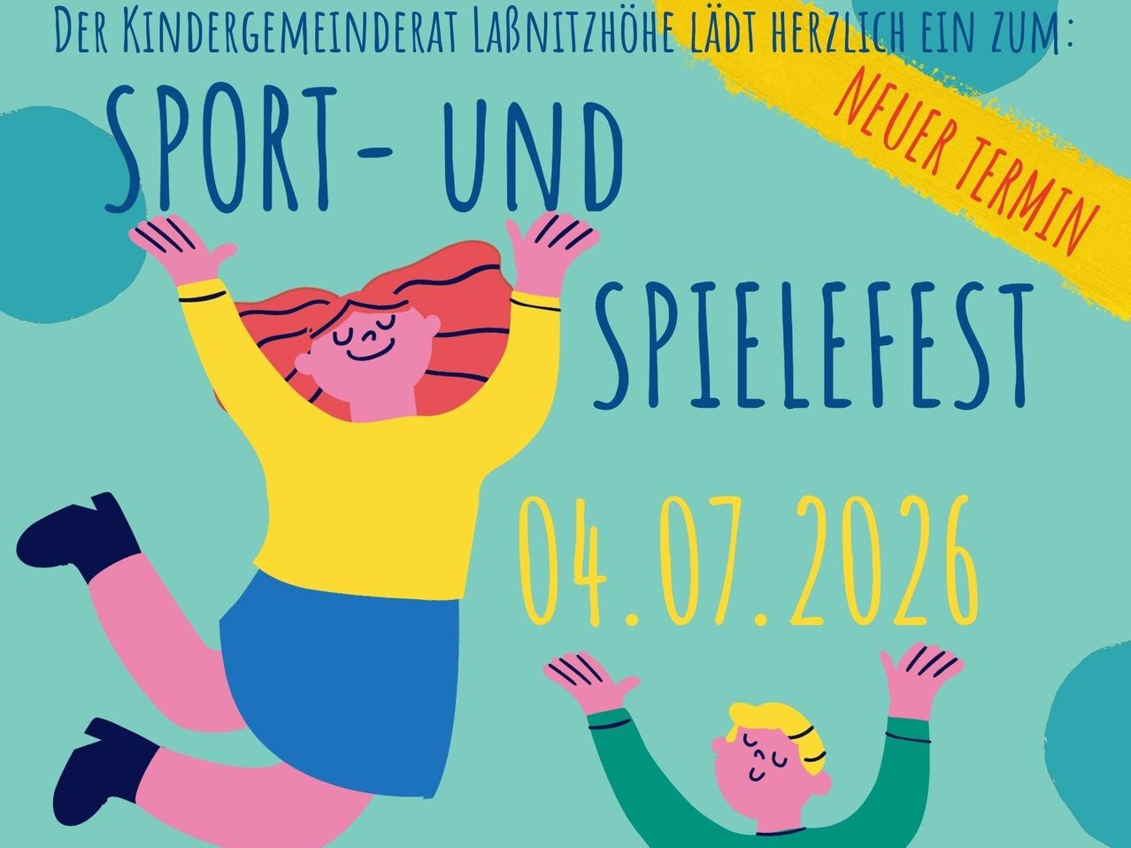 Ein Plakat für ein neues Sport- und Spielfest am 4. Juli 2026 mit zwei Menschen, die freudig in der Luft springen.