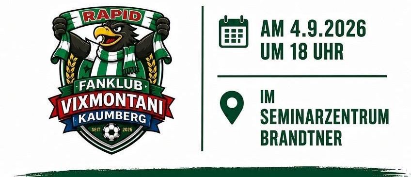 Plakat für die Gründungsversammlung des Fanklub Vixmontani Kaumberg mit einem Logo eines Vogels, der eine Flagge hält, geplant für den 4. September 2026 um 18 Uhr im Seminarzentrum Brandtner.