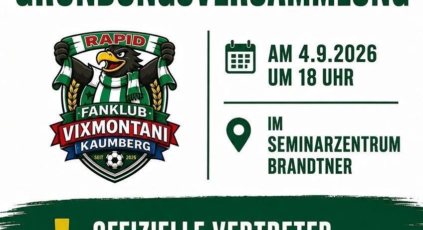 Plakat für die Gründungsversammlung des Fanklub Vixmontani Kaumberg mit einem Logo eines Vogels, der eine Flagge hält, geplant für den 4. September 2026 um 18 Uhr im Seminarzentrum Brandtner.