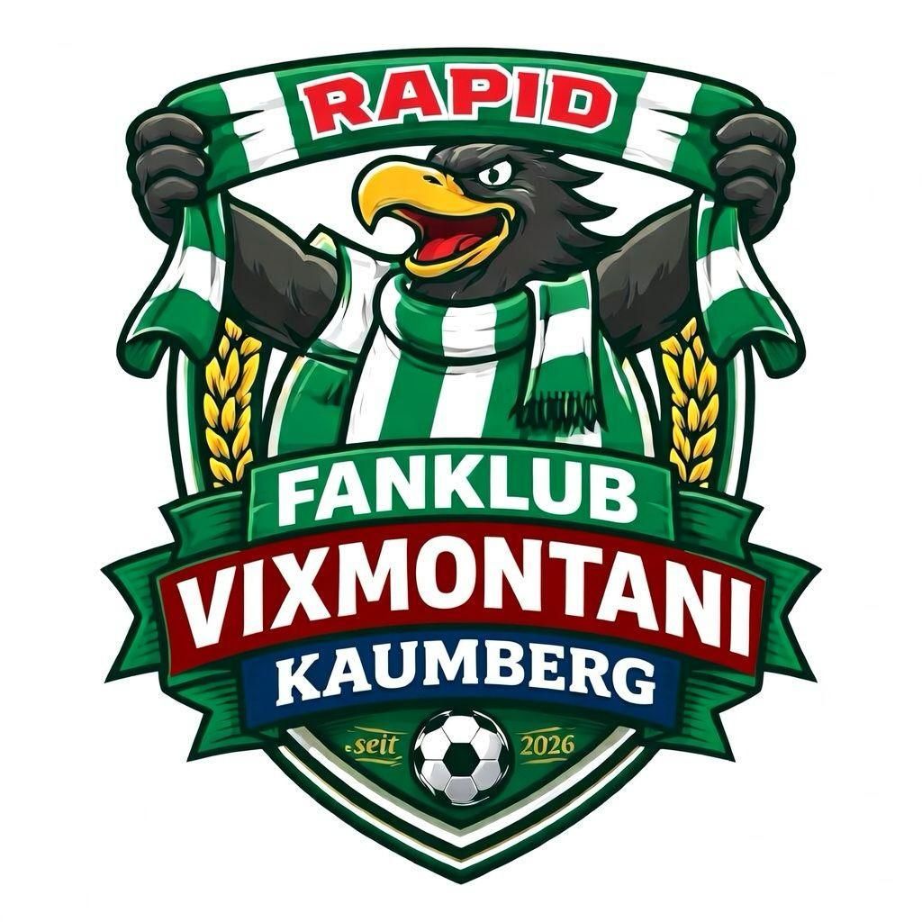 Logo des Rapid Fanklub Vixmontani Kaumberg, mit einem Adler, der einen grün-weiß gestreiften Schal, einen Fußball und ein Banner mit der Aufschrift 'RAPID' hält. Das Logo hat einen weißen Hintergrund.