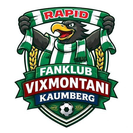 Logo des Rapid Fanklub Vixmontani Kaumberg, mit einem Adler, der einen grün-weiß gestreiften Schal, einen Fußball und ein Banner mit der Aufschrift 'RAPID' hält. Das Logo hat einen weißen Hintergrund.