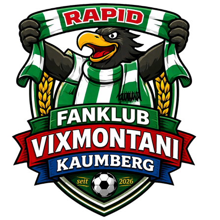 Logo des Rapid Fanklub Vixmontani Kaumberg, mit einem schwarzen Adler, der ein Halstuch, einen Fußball und Weizenähren hält, auf schwarzem Hintergrund.
