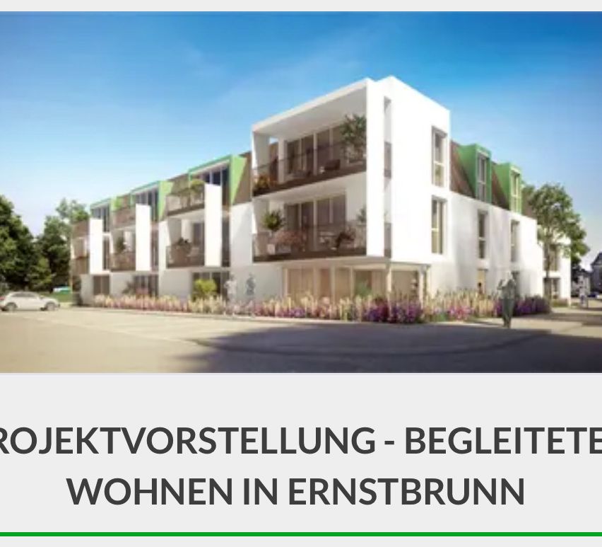 Eine 3D-Visualisierung eines Wohnkomplexes namens Wohnen in Ernstbrunn. Der Komplex besteht aus weißen und grünen Materialien.