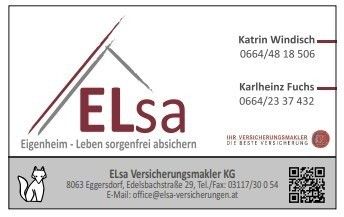 Visitenkarte von Elsa Versicherungsmakler KG. Sie zeigt das Firmenlogo, Kontaktdaten von Katrin Windisch und Karlheinz Fuchs sowie ein Bild einer Katze. Der QR-Code führt zur Website.