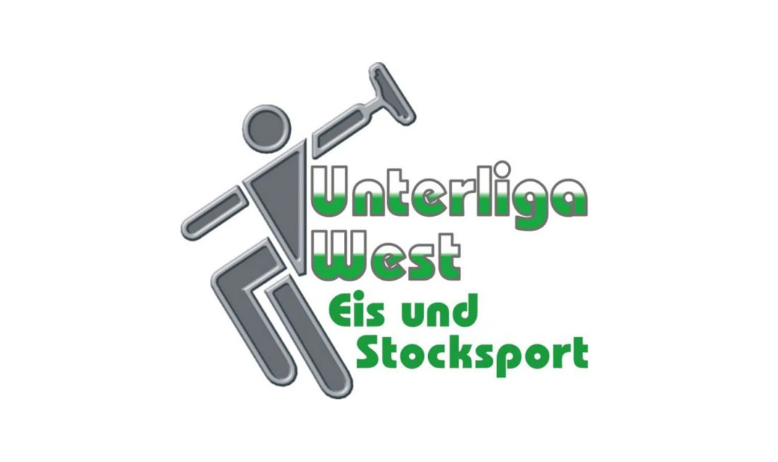 Logo für Unterliga West, mit einer Person, die einen Hammer hält und läuft, mit dem Text Unterliga West, Eis und Stocksport in grüner Schrift.