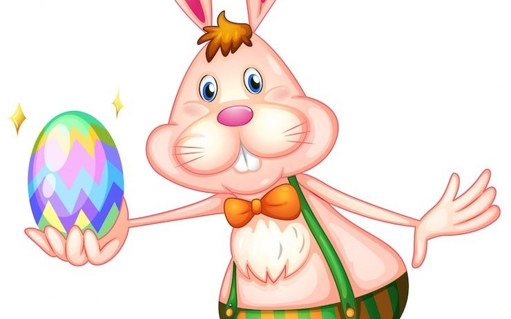 Ein Cartoon-Hase mit einem bunten Osterei in der Hand, der einen Fliegenbinder und Hosenträger trägt, steht vor einem weißen Hintergrund.