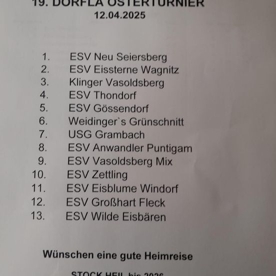Eine Liste verschiedener EAV-Standorte, darunter Neu Seierberg, Eissterne Wagnitz, Klinger Vasoldsberg, EAV Thondorf, EAV Gossendorf, Weidinger's Grünschnitz, USG Grambach, EAV Anwandeler Puntigam, EAV Vasoldsberg Mix, EAV Zettling, EAV Eisblume Windorf, EAV Großhart Fleck und EAV Wilde Eisbären. Der Text enthält auch einen Hinweis mit dem Wunsch einer guten Heimreise. Das Datum des Dokuments ist der 12. April 2025.