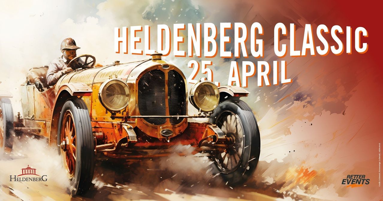 Plakat mit einem Oldtimer in hoher Geschwindigkeit, Text lautet 'HELDENBERG C 25 APRIL'. Das Auto ist golden, mit zwei Scheinwerfern und einem Rauchschwanz dahinter.