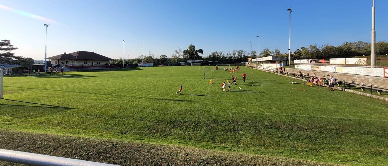 Ein Fußballfeld mit Spielern in roten und gelben Trikots über das Feld verteilt. Ein Zaun verläuft entlang der Unterseite.