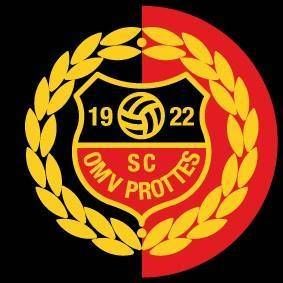 Ein Logo eines Sportvereins mit einem Schilddesign, das die Nummer 19 links, 22 rechts und SC Protties in der Mitte zeigt, umgeben von einem gelben Lorbeerkranz auf rotem Hintergrund.