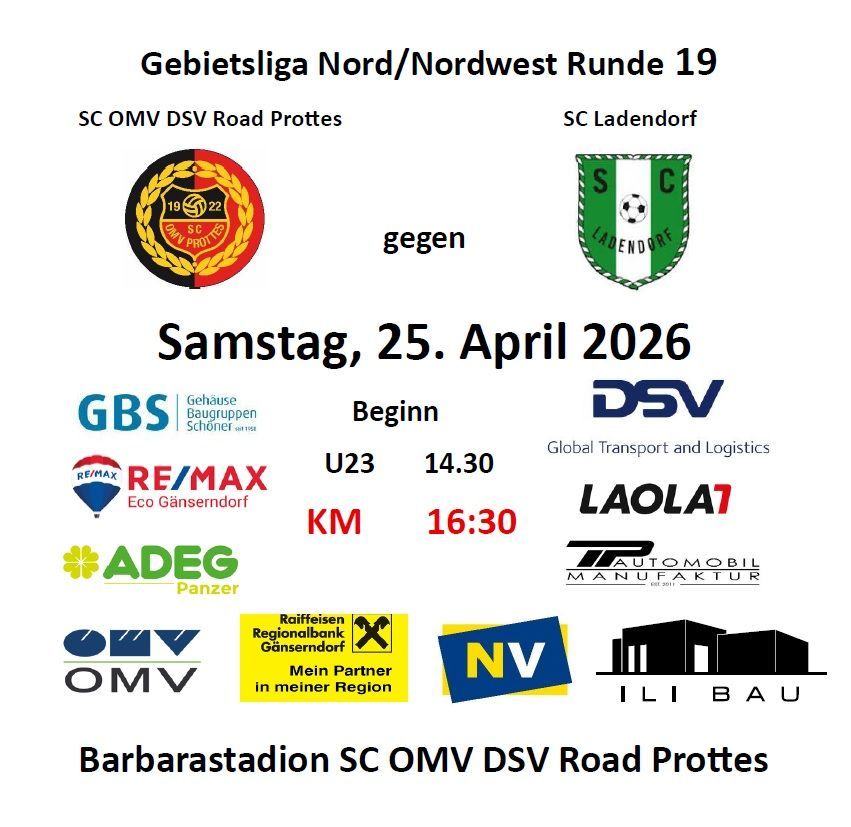 Das Bild zeigt Details zur 19. Runde der Regionalliga Nord/Nordwest. Spiele zwischen SC OMV DSV Road Prottes und SC Ladendorf am 25. April 2026, mit aufgelisteten Sponsoren.