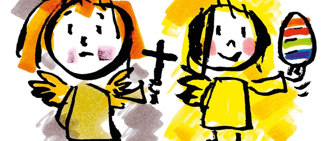 Zwei Engel stehen im Bild, einer hält ein Kreuz und der andere sieht traurig aus. Sie tragen beide gelbe Roben.