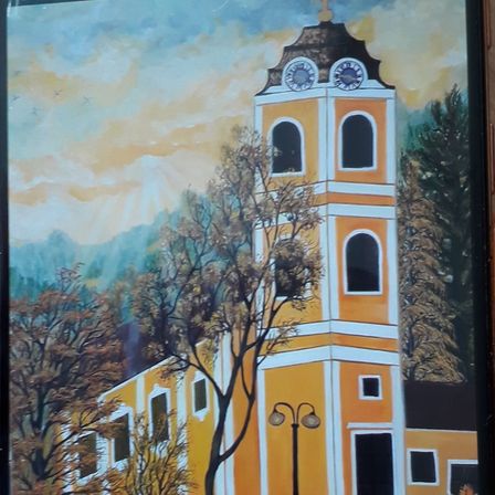 Art, Painting, Architecture, Building, Clock Tower, Tower, Bell Tower, Plant, Tree