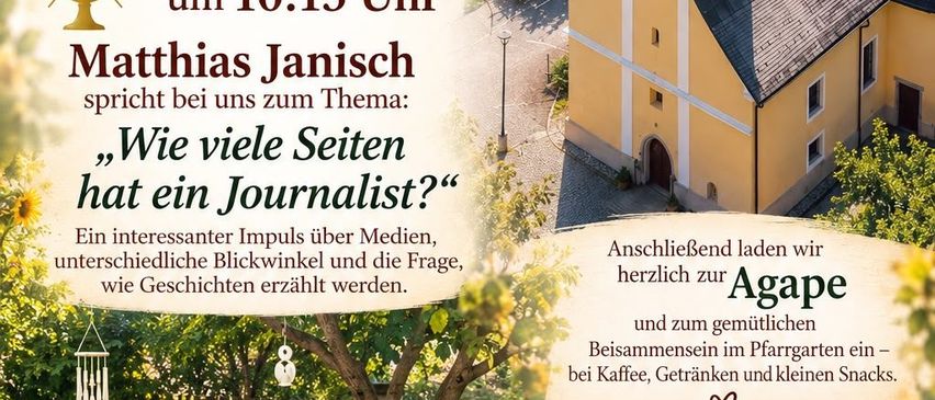 Plakat für eine Heilige Messe in Sinabelkirchen am 27. September 2026 mit einer Kirche, Garten und Matthias Janischs Vortrag über Journalismus.