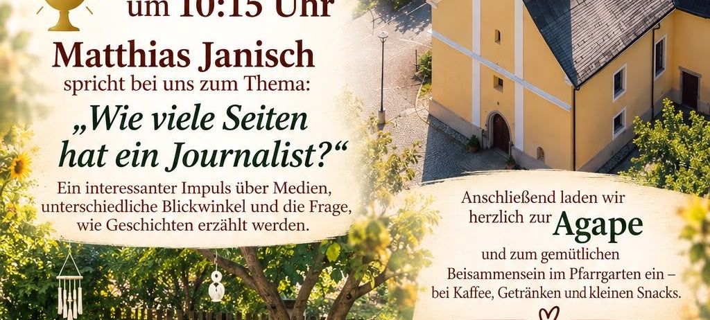 Plakat für eine Heilige Messe in Sinabelkirchen am 27. September 2026 mit einer Kirche, Garten und Matthias Janischs Vortrag über Journalismus.