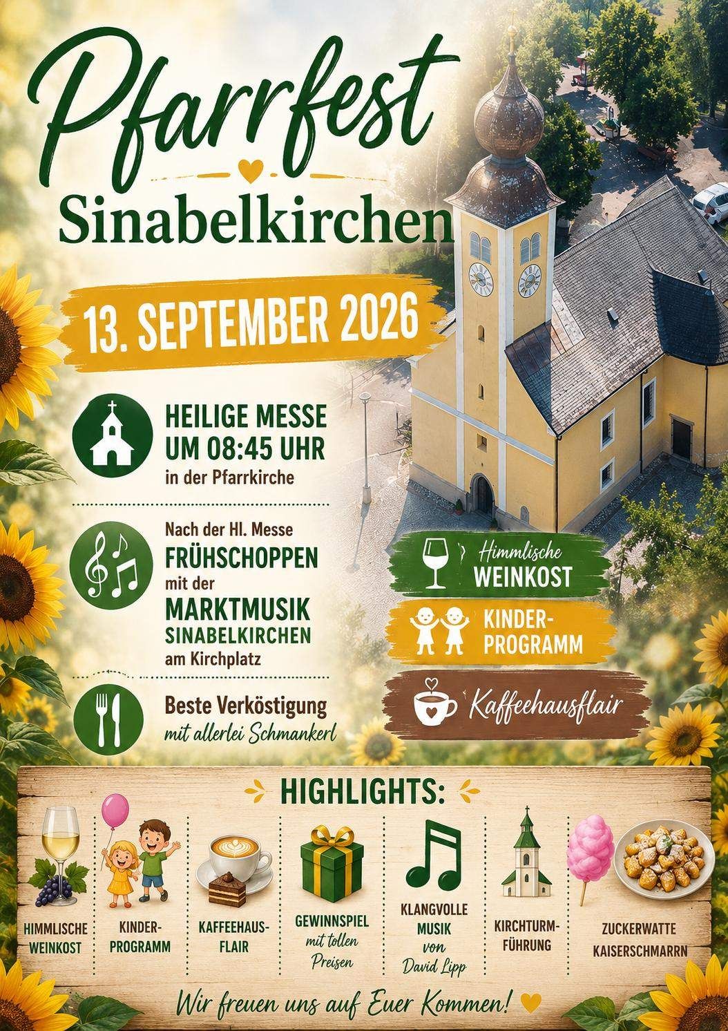 Poster for the Sinabelkirchen event on September 13, 2026. It features a church, sunflowers, and various icons indicating a holy mass, wine tasting, children's program, and refreshments.