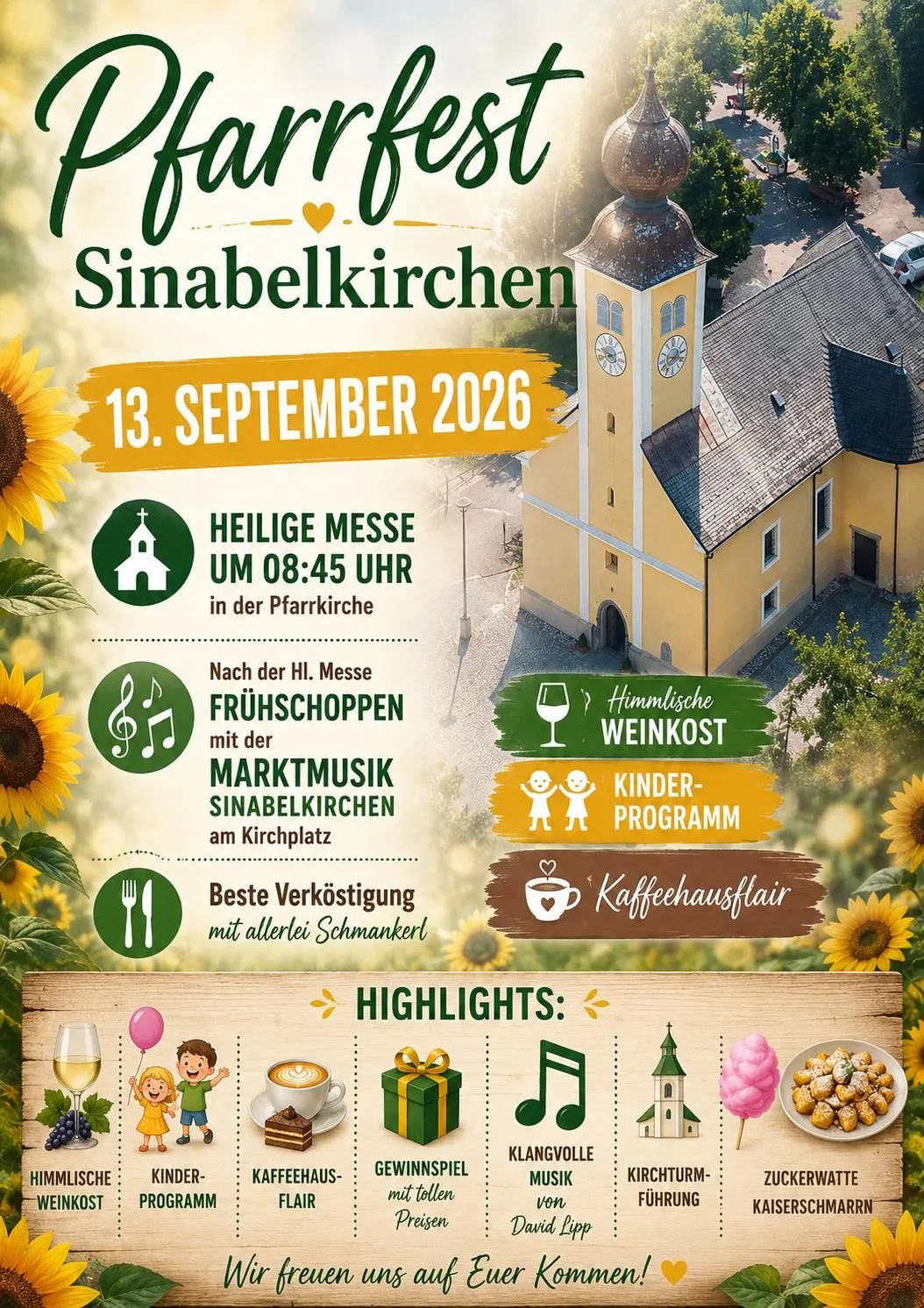 Plakat für Sinabelkirchen-Veranstaltung am 13. September 2026 mit Kirche, Sonnenblumen und verschiedenen Aktivitäten.