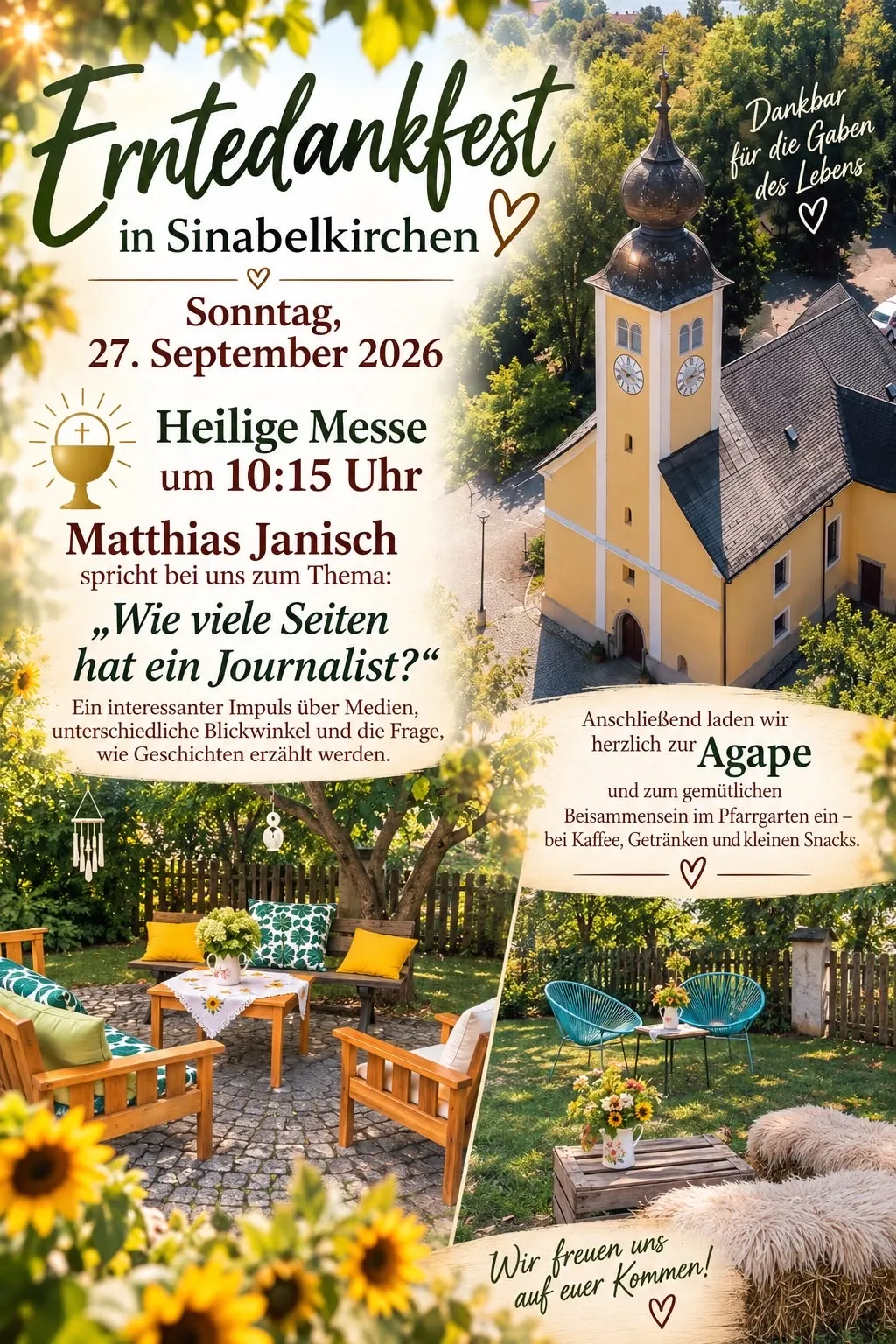 Plakat für eine Heilige Messe in Sinabelkirchen am 27. September 2026 mit Matthias Janisch, der das Thema 'Wie viele Seiten hat ein Journalist?' diskutiert. Das Plakat zeigt eine Kirche, einen Garten und eine Einladung zum Zusammentreffen.
