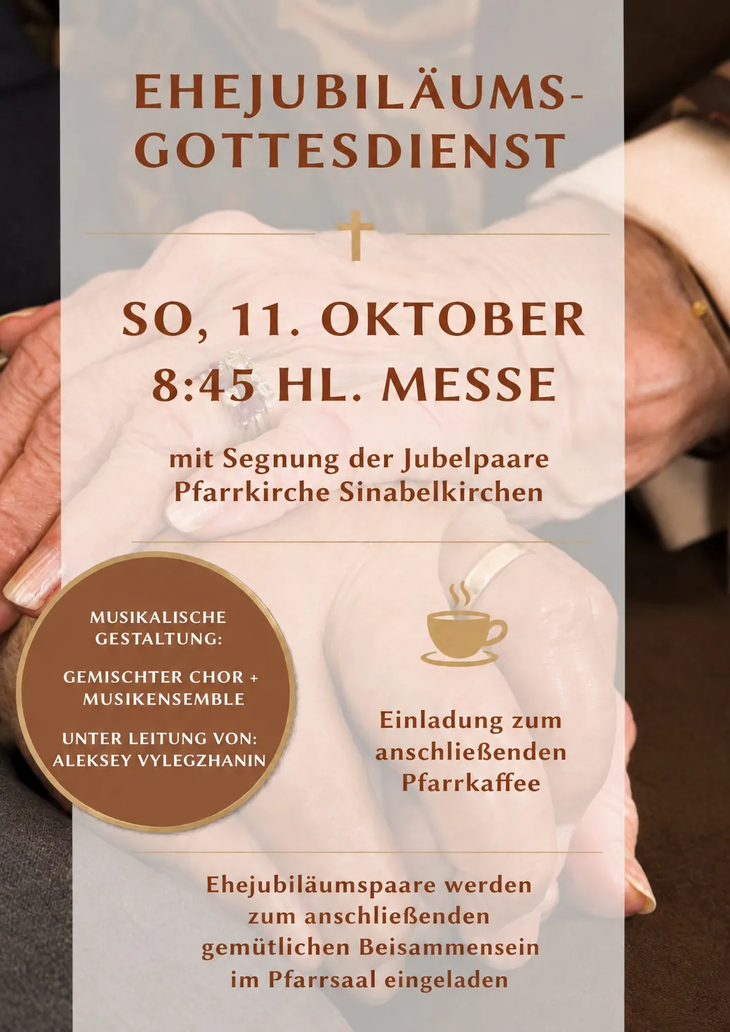 Einladung zur Feier des Ehejubiläumspaares in der Pfarrkirche Sinabelkirchen. Die Veranstaltung findet am 11. Oktober um 20:45 Uhr statt. Die Feier umfasst die Segnung des Ehejubiläumspaares, gefolgt von einem gemütlichen Beisammensein im Pfarrsaal.