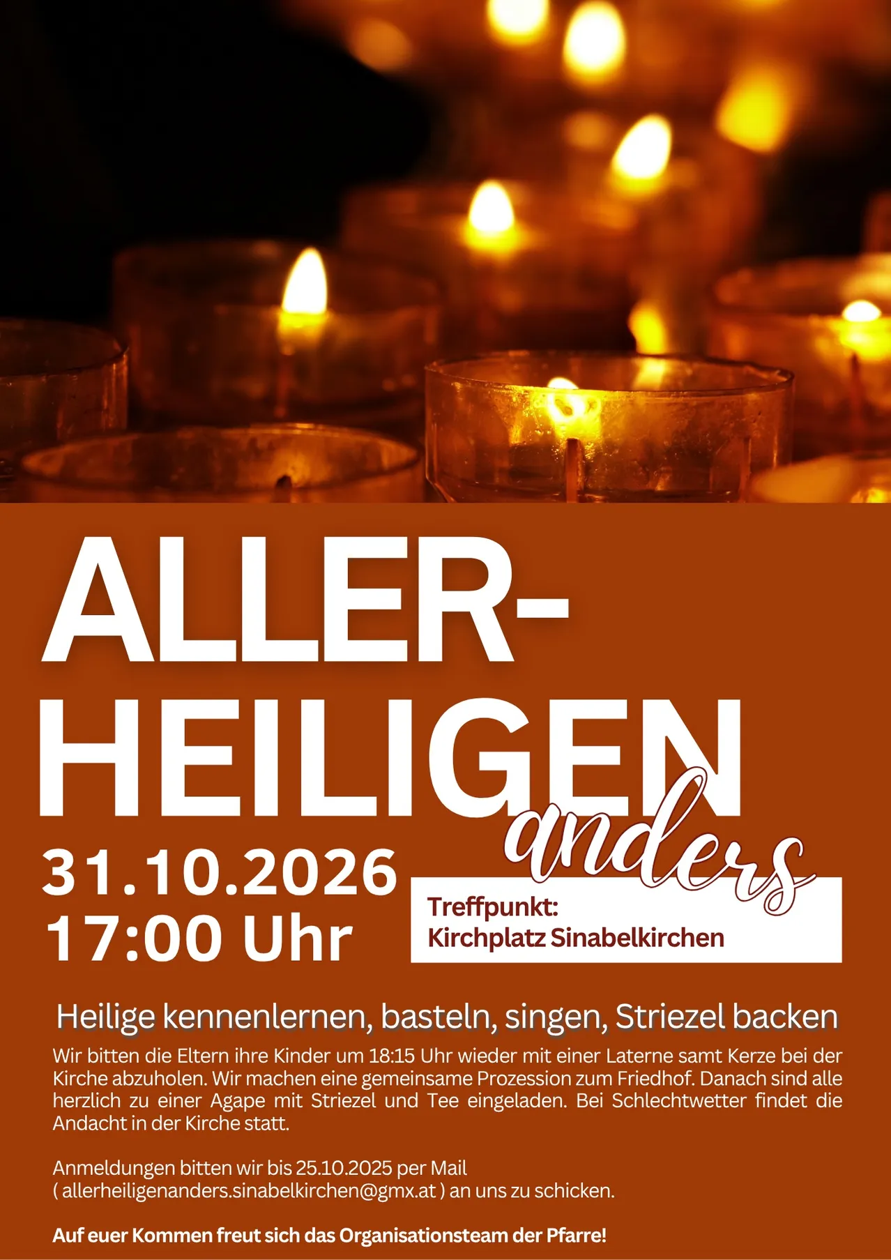 Ein Plakat mit dunklem Hintergrund und mehreren brennenden Kerzen in einer Reihe. Der Text lautet 'Allerheiligen' und '31.10.2026 17:00 Uhr'.