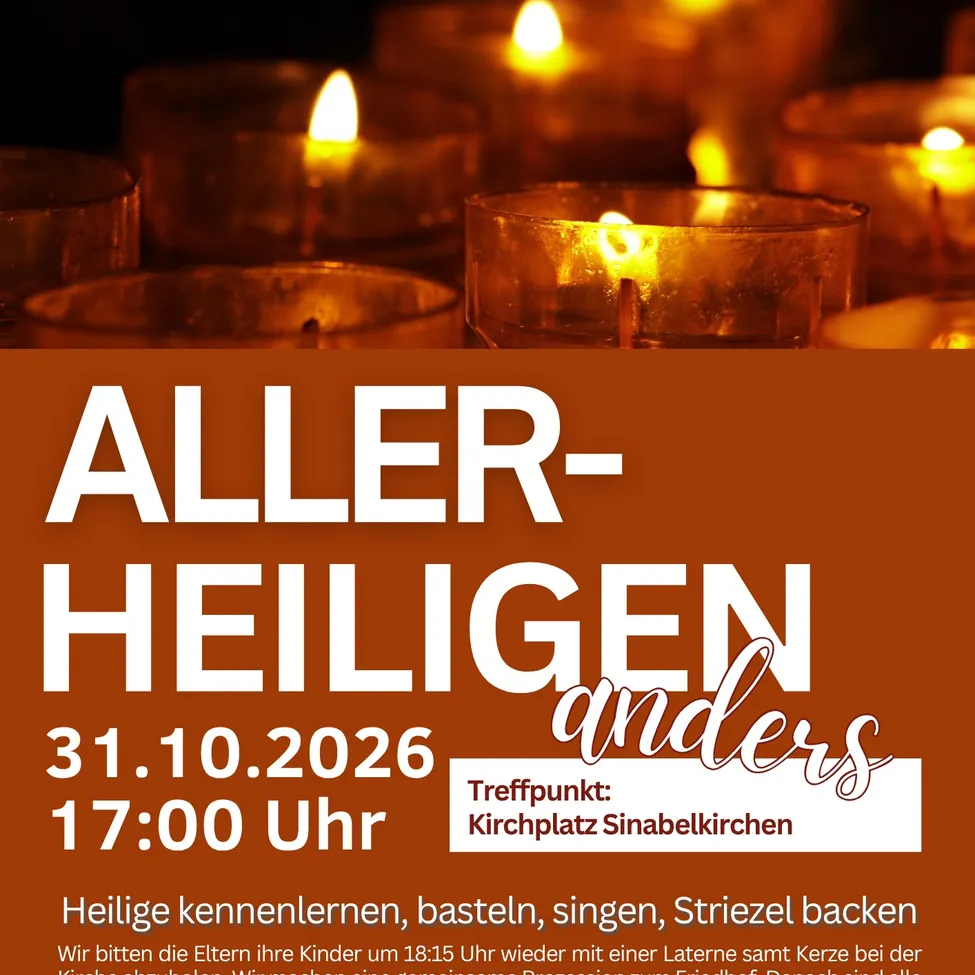 Ein Plakat mit dunklem Hintergrund und mehreren brennenden Kerzen in einer Reihe. Der Text lautet 'Allerheiligen' und '31.10.2026 17:00 Uhr'.