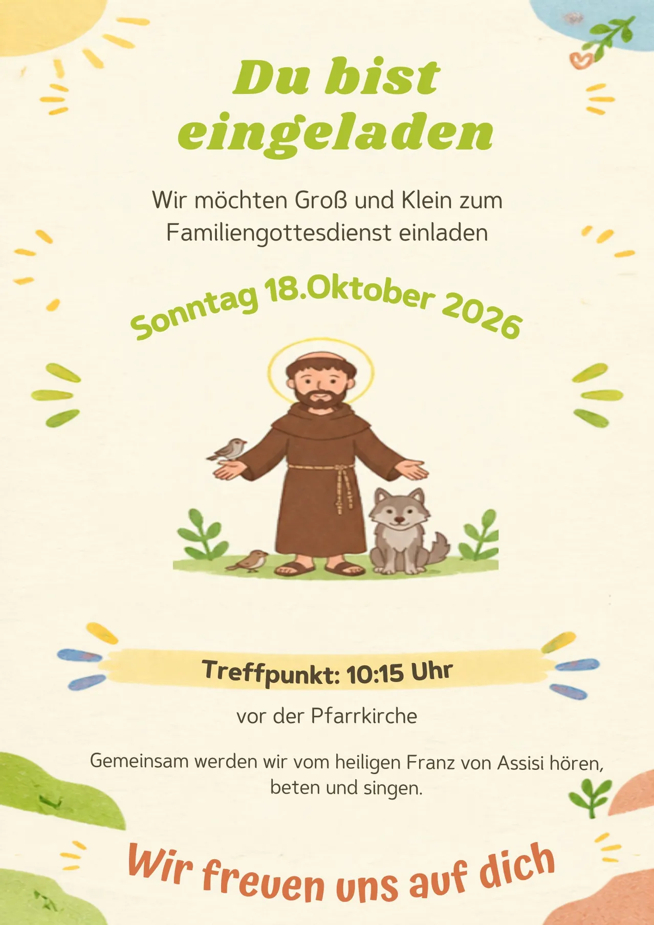 Ein Einladungsposter für einen Familiengottesdienst am Sonntag, 18. Oktober 2026, mit einer Zeichnung des Heiligen Franz von Assisi mit einem Vogel und einem Hund.
