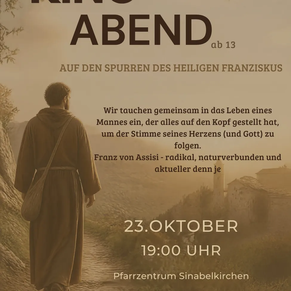 Ein Poster für Kino Abend zeigt einen Mann in einem Mönchsgewand, der auf einem Pfad geht.