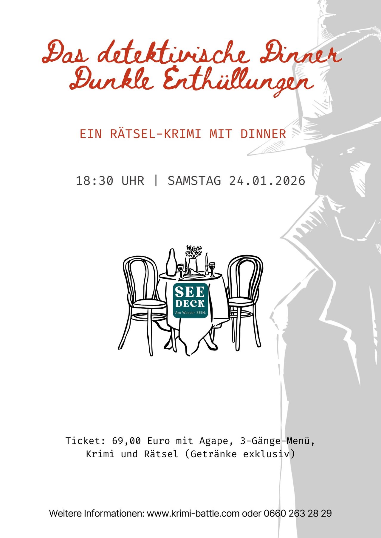 Plakat für eine Rätsel-Krimi-Veranstaltung mit Dinner. Es zeigt eine Tisch-Einrichtung, einen Mann mit Hut und die Details des Veranstaltungsdatums, der Zeit und des Ticketpreises.