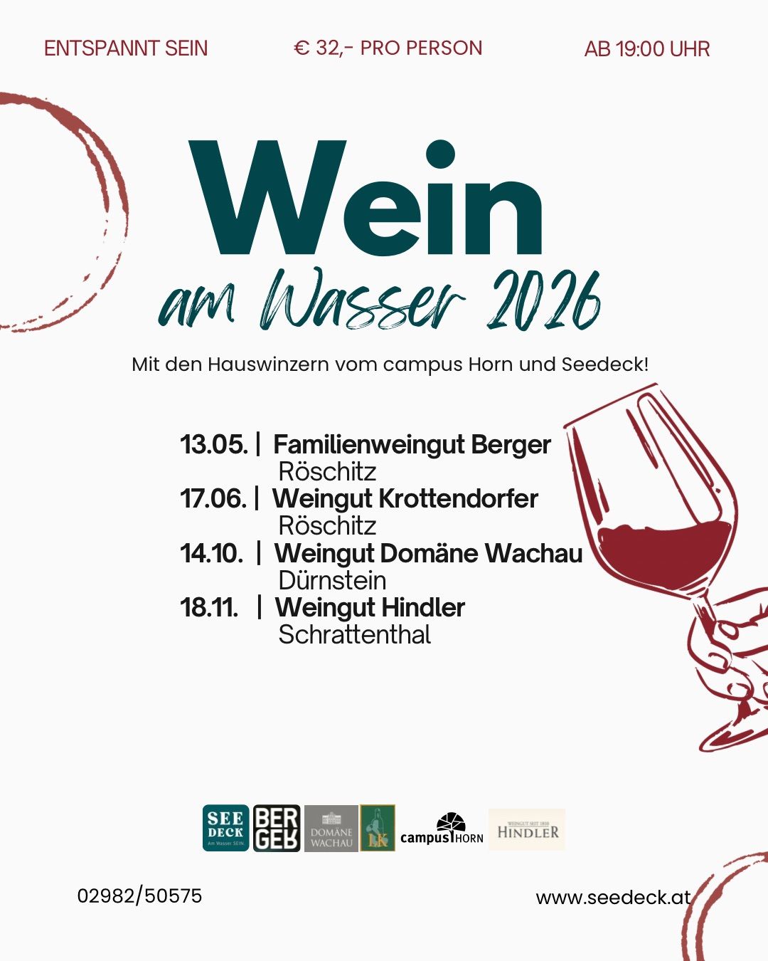 Poster für Wein am Wasser 2026 mit Weinverkostungsveranstaltungen. Datum: 13.05, 17.06, 14.10, 18.11. Orte: Berger Röschitz, Krottendorfer Röschitz, Wachau Dürnstein, Hindler Schrattentahl. Mit Logos für SEE DECK, BER GEB, DOMAINE WACHAU, campus HORN und HINDLER.