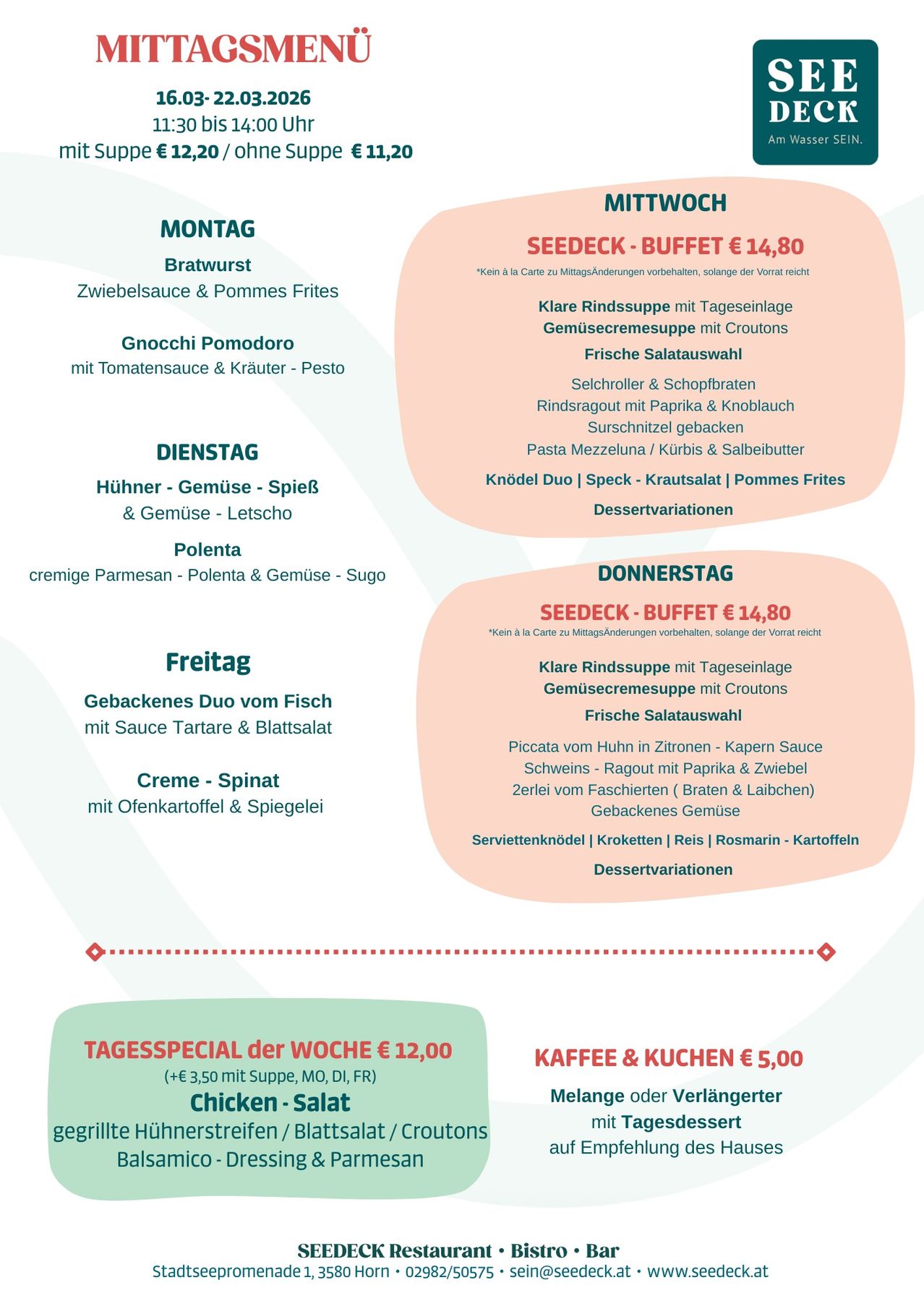 Wöchentliches Menü für Montag, Dienstag, Freitag und Donnerstag. Optionen umfassen Bratwurst, Gnocchi, Hühner und mehr. Spezialitäten für Mittagsbuffet und andere Gerichte.