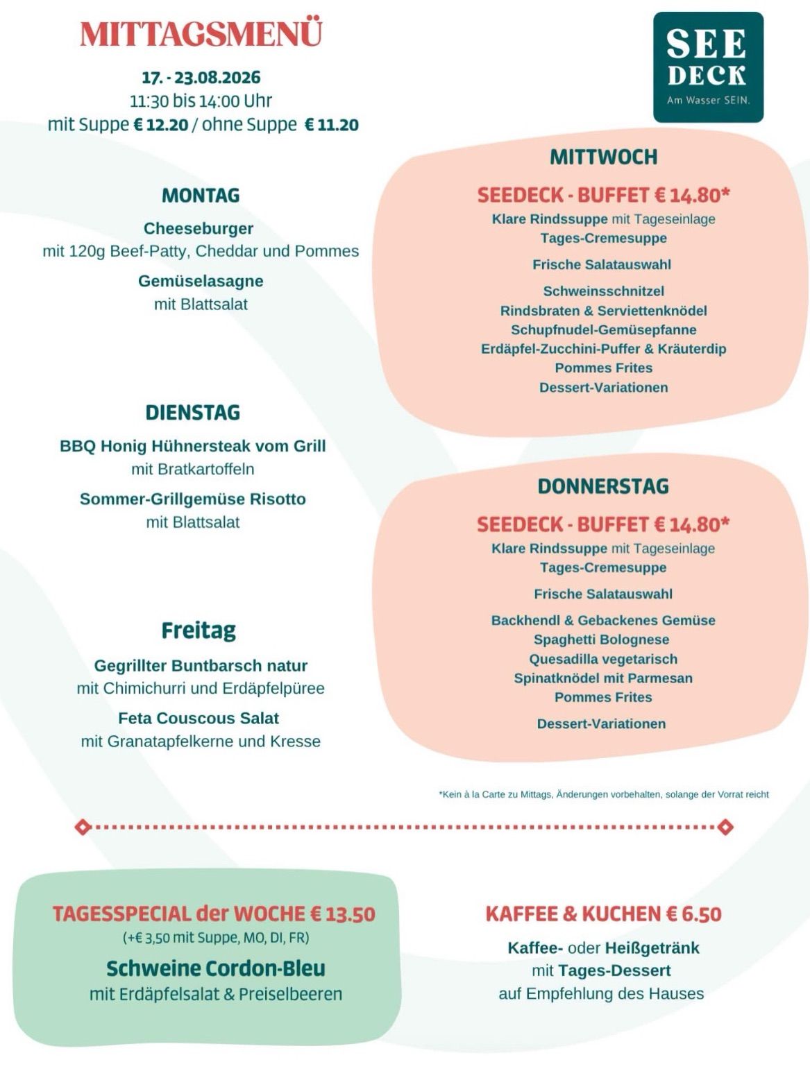 Weekly menu for a restaurant featuring dishes like cheeseburgers, BBQ chicken steak, and grilled trout with chimichurri. Each day has a special buffet and a daily special.