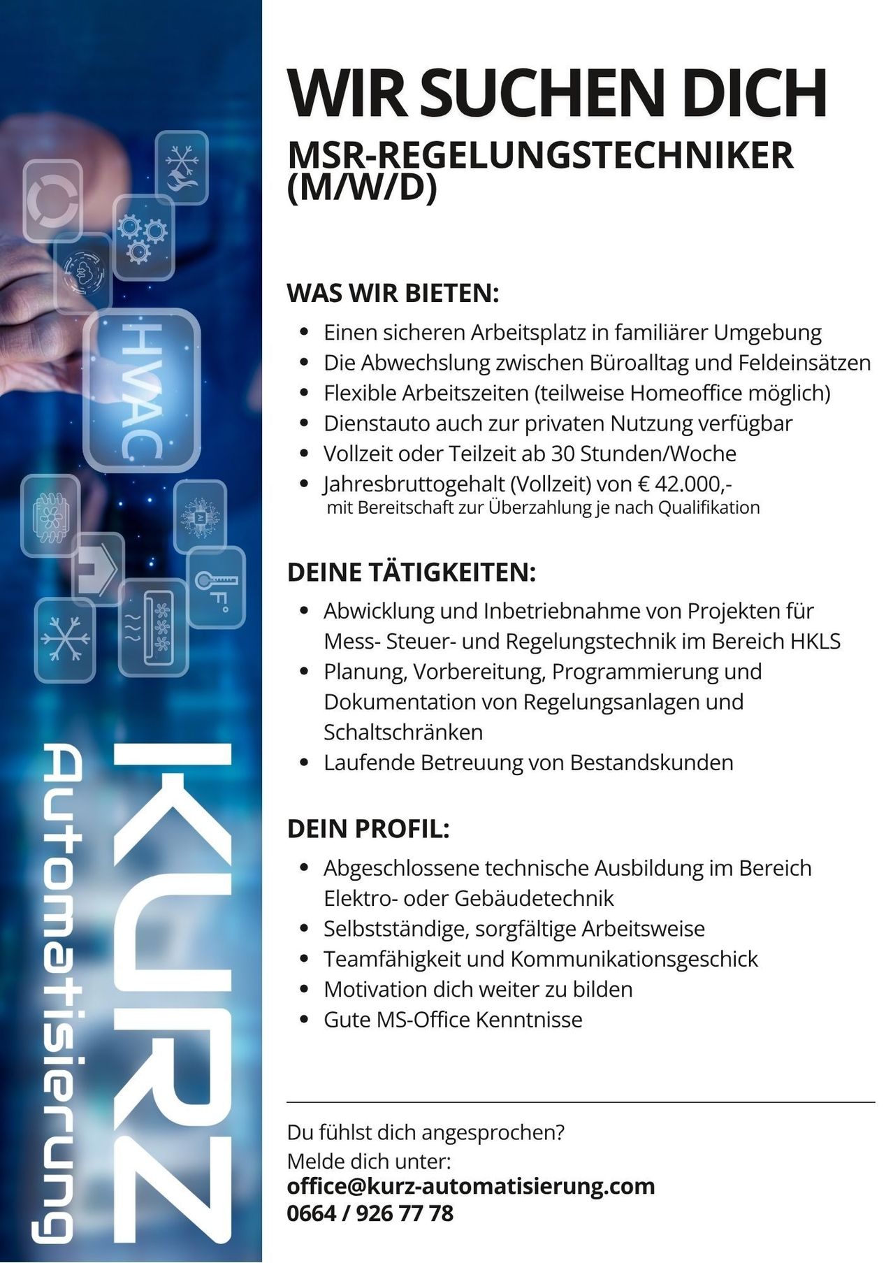 Stellenangebot für einen technischen Fachmann im Bereich HLK. Vorteile umfassen einen sicheren Arbeitsplatz, flexible Arbeitszeiten und ein wettbewerbsfähiges Gehalt. Aufgaben beinhalten Projektmanagement, Planung und Dokumentation. Erforderliche Fähigkeiten umfassen technische Ausbildung, Selbstmotivation und Teamarbeit.