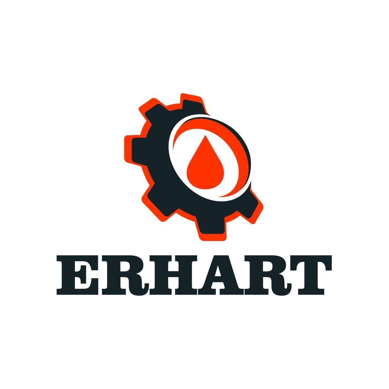 Das Logo von Erhart zeigt ein Zahnrad mit einem roten Tropfen in der Mitte, was Effizienz und Qualität symbolisiert. Darunter steht der Name Erhart in fetter schwarzer Schrift.