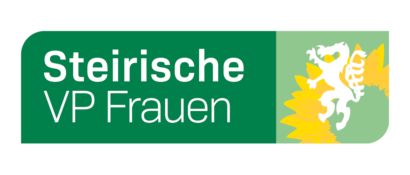 Grüner Banner mit weißem Text 'Steirische VP Frauen'. Rechts ein gelber Sonnenblumen mit einem weißen Löwen-Symbol.