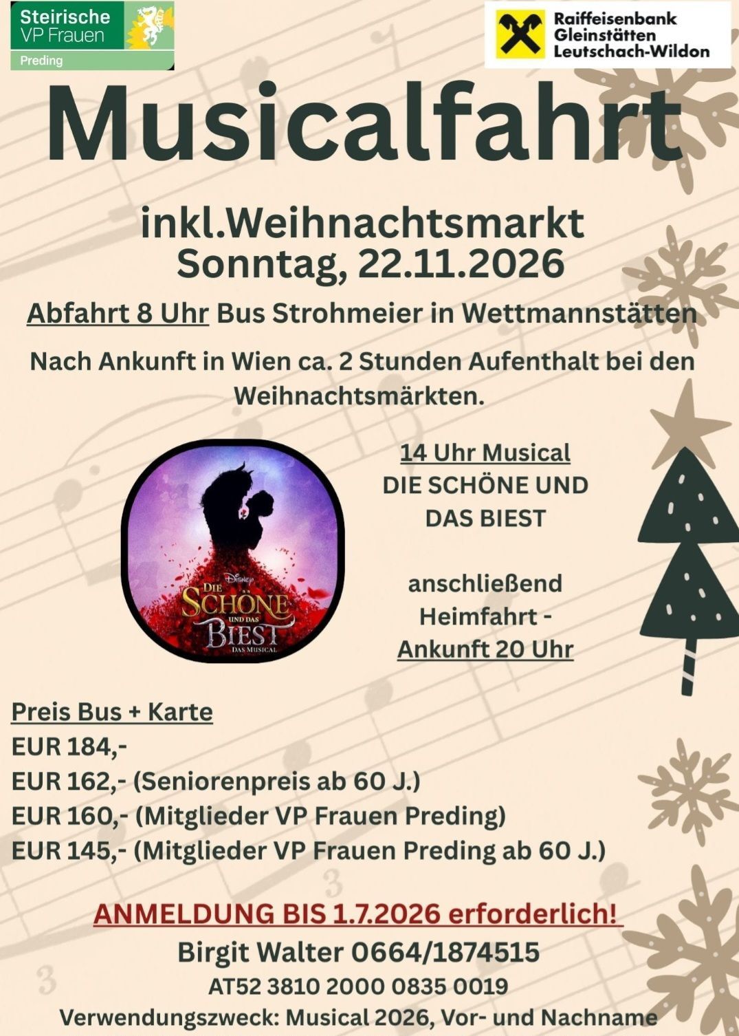 Ein Plakat für den Weihnachtsmarkt am Sonntag, 22.11.2026. Der Bus fährt um 8 Uhr von Strommeier in Wetmannstatten ab. Nach der Ankunft in Wien gibt es einen 2-stündigen Aufenthalt auf dem Weihnachtsmarkt. Ticketpreise: EUR 184, EUR 162 für Senioren, EUR 160 für VP Frauen Preding Mitglieder, EUR 145 für VP Frauen Preding Mitglieder über 60 J.