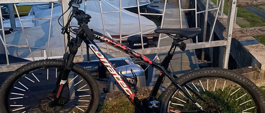 Ein schwarz-roter Fahrrad steht auf dem Rasen in der Nähe eines Metallzauns, mit Booten und Häusern im Hintergrund.